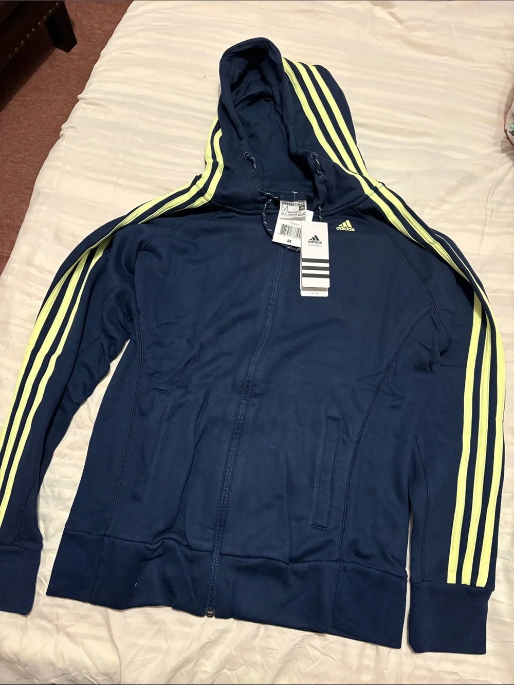 adidas Navy Full-Zip Kids Hoodie with Neon Yellow Accents